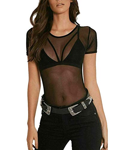 Womens Round Neck Sheer Mesh Net Insert Top Ladies Stretchy Leotard Bodysuit#(Black Short Sleeve Sheer Mesh Bodysuit #US 10-12#Womens)