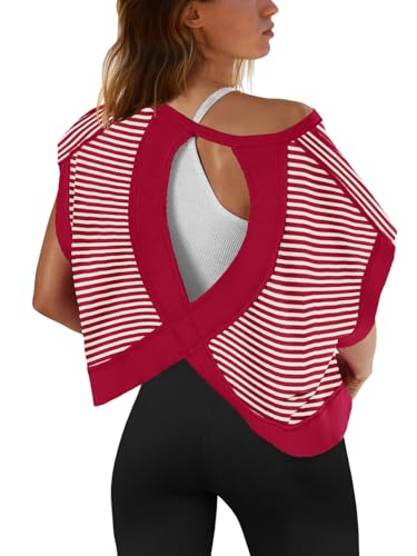 Image of SENSERISE Womens Open Back Workout Tops Backless Short Sleeve Athletic Shirt Running Crop Top Gym Yoga Tee