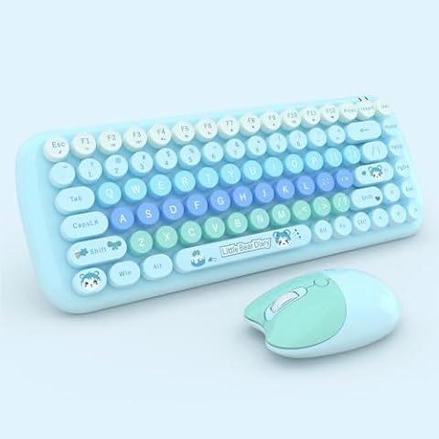Cute Compact Wireless Keyboard and Mouse Combo, 84 Typewriter Style Candy Color Round Keys, Cat Shape Mouse, 2.4G Connectivity, Compatible with PC, Laptop (Blue) Cover