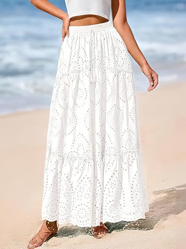 ebossy Women's Boho Elastic Waist Crochet Eyelet Embroidered Tiered Flowy A-Line Maxi Skirts3