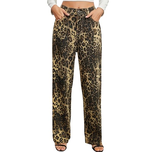 Womens Y2K Baggy Leopard Print Jeans–Elastic High Waisted Wide Leg Stretch Denim Pants, Straight Leg Jeans