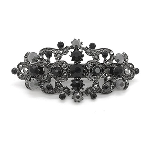 Bridal Hair Barrette Black Plated Romancing Heart Rhinestone Crystal Small 2.5 inches