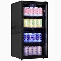 HOMCOM 93L Drinks Fridge, Under Counter Freestanding Beer Fridge 115 Can with Glass Door, Adjustable Shelves, LED Lighting, Temperature Control for Home Bar Beer Soda Drink, Black