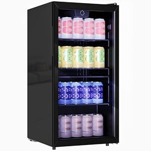 HOMCOM 93L Drinks Fridge, 115 Can Under Counter Freestanding Beer Fridge with Glass Door, Adjustable Shelves, LED Light, Temperature Control, for Beer Soda Drink Home Bar, Black