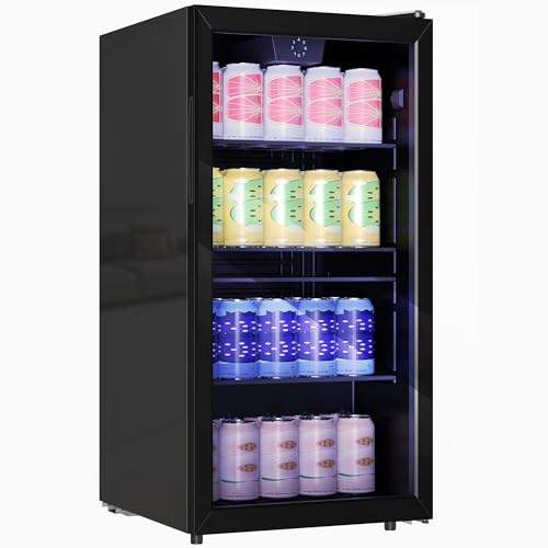 HOMCOM Réfrigérateur à boissons 93 L, frigo à boissons 115 canettes, porte vitrée, étagères réglables, éclairage LED et contrôle de la température,...