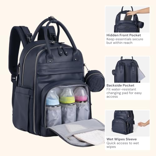 image for BabbleRoo Leather Diaper Bag Backpack - Baby Essentials Travel Baby Ba