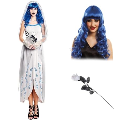 ZZ DISFRAZZES | Disfraz Novia Cadáver Mujer, Kit de Fantasma Mujer, Vestido de Novia Esqueleto con flores - Disfraz Novia Cadáver para Adulto Halloween (Talla M)