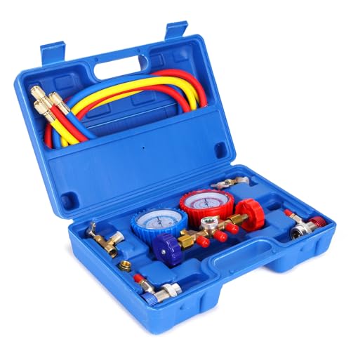 MPLUS AC Gauges, AC Manifold Gauge Set for R134a, R-404A, R-12, R-22 Refrigerant, 3 Way Car with 4.5FT Hoses Couplers & Adapter, Puncturing & Self Sealing Can Tap Freon Charge Kit