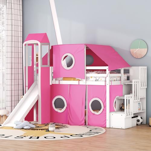 VeroFree Pink Twin Size Loft Bed with Tent & Tower – Fun Kids Bedroom with Play Area, Slide, Ladder & Storage, Ideal for Sleepovers & Creative Play