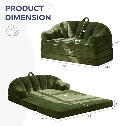Image of MAXYOYO Folding Sofa Bed, 2 in 1 Convertible Sofa to Lounger Comfy Loveseat Bean Bag Chair for Adults, Floor Couch with Handle, Faux Fur Couch Bed for Living Room Bedroom, Green, Loveseat