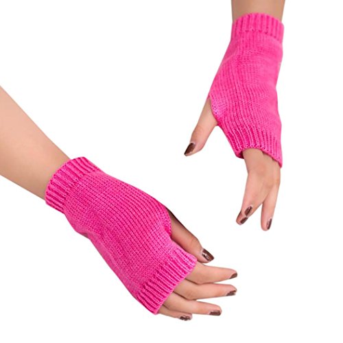 IEason Gloves, Women Girl Knitted Arm Fingerless Warm Winter Gloves Soft Warm Mitten (Hot Pink)