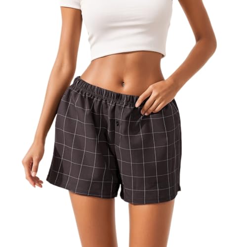 Image of Sumleno Womens Y2k Aesthetic Boxer Shorts Plaid Elastic Waist Lounge Pj Bottoms Summer Casual Gingham Pajamas Shorts