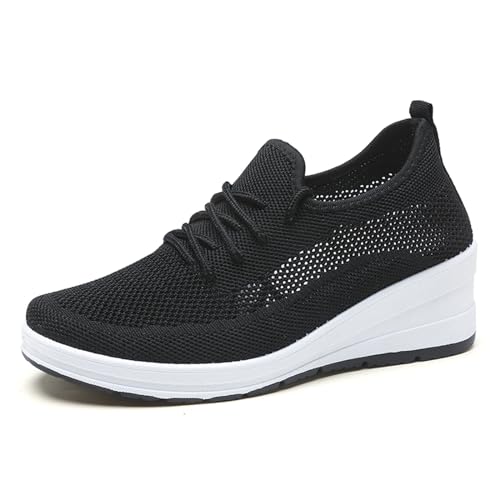 ENJGU Womens Ultra-Light Stretchy Mesh Wedge Orthopedic Sneakers Comfor Lace Up Non Slip Hollow Out Increase Height Casual Walking Shoes for Outdoor