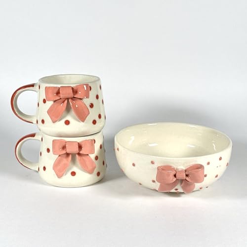 Image of SNS Handmade Ceramic Serving Bowl Set (Set of 2) | Microwave Safe Cute Ceramic Bowl Set | Aesthetic Snack, Salad, Cereal, Dessert & Soup Bowl | Premium Kitchen & Breakfast Bowl (Aira Pink Bow Bowl)