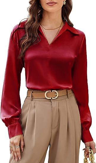 GRACE KARIN Blusa elegante para mujer, manga larga, satén, informal, cuello de pico, camisa suelta, cuello de solapa