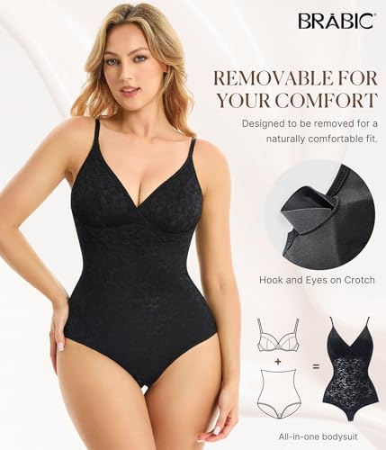 Image of BRABIC Lace Bodysuit for Women Tummy Control Shapewear Sleeveless Tops V-Neck Backless Camisole Jumpsuit Shaper