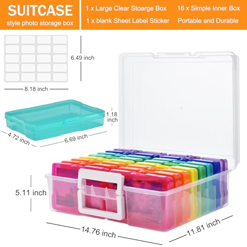 ALINK Photo Storage Box with Handle, 4\" x 6\" Photo Organizer Storage Container with 16 Inner Case and 1 Sheet Blank Labels for Pictures, Arts, Crafts, Sewing, Seeds, Office Supplies - Colored