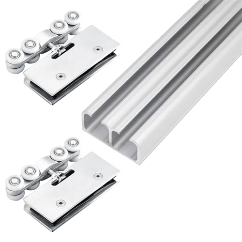 Kit de riel de puerta corredera para puertas de cristal, riel de bolsillo de montaje superior de doble pista y accesorios para un funcionamiento suave y silencioso