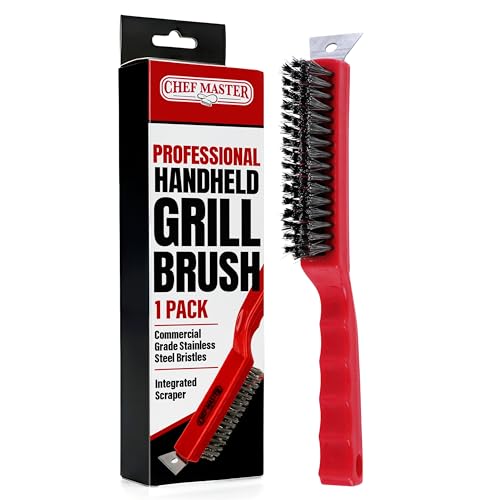 Chef Master Grill Brush & Scraper, Heavy Duty Plastic Handheld Grill Cleaning Brush, Scraper Head with Tough Wire Bristles Grill Brush for Grill Grates, Outdoor BBQ Grill & Grilling Accesories - 90044