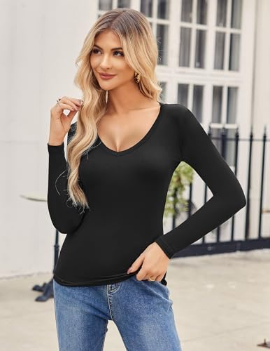 Zeagoo Women 2 Pack Long Sleeve Shirts V Neck T Shirts Casual Thermal Tops Slim Fit Basic Tight Tees Going Out Top2