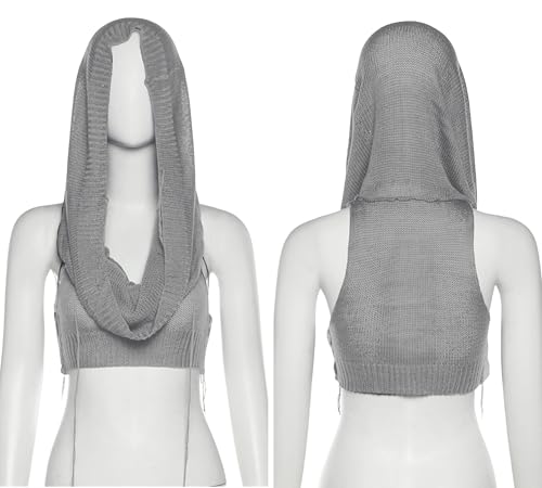 Image of Women's Knitted Hoodie Sweater Vest Sexy Sleeveless Hollow Out Hooded Crop Top Draped Sweatshirt Streetwear
