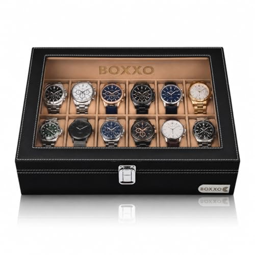 Image of BOXXO 12 Slot Watch Organizer Box for Men & Women - Premium PU Leather Watch Case, Soft Velvet Cushions & Glass Lid Display, Elegant Storage Box - 34x20x8 cm (Black /beige, 12 slots)