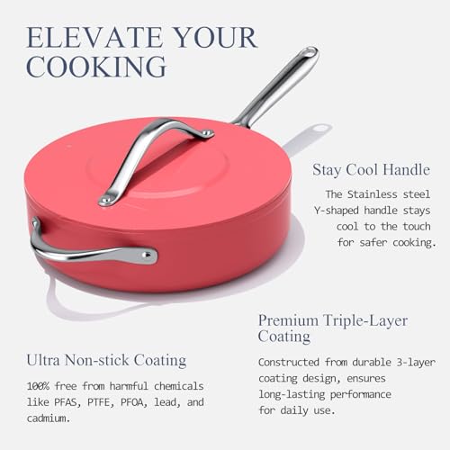 Image of CookinCraze 4.5 QT Ceramic Saute Pan with Lid, Nonstick Deep Frying Pan