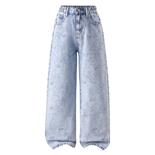 Bow Jeans for Girls Wide Leg Kids Baggy Denim Pants High Waisted Cute Clothes Y2k Outfits Streetwear with Pockets 6-14Y