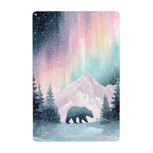 MA6GE8DE Arctic Bear Aurora Scene Metal Tin Plaque Sign, 8X12 Inch Vintage Aluminum Wall Art Poster, Vibrant Northern Lights With Snowy Mountains, Colorful Watercolor Art,For Yard,Bedroom