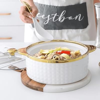 GFHVDC Soup Tureen with Glass Lid and Spoon, Gold Trim Porcelain Serving Soup Bowls with Lid White Round 2pc set Serveware Big Serving Bowl, Elegant Ceramic/Porcelain,B