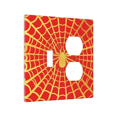 Decorative Outlet Covers Red Background with Golden Spiderweb Spider 2 Gang Outlet Cover Wall Plate Single Toggle Duplex Light Switch Cover Plate Switch Plate Covers for Home Decor