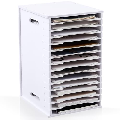 Juexica 15 Tier 8.5" x 11" Scrapbook Paper Organizer, White Cardstock File Organizer with Adjustable Shelves, Stackable Paper Trays, Desktop Storage Rack Document Holder for Desk Home Office
