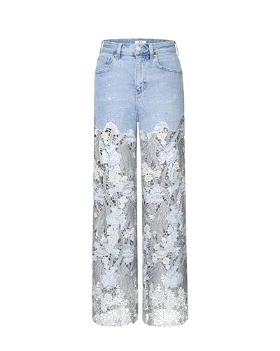 JW PEI Women's Embroidery High Rise Wide Leg Lace Denim Jeans with