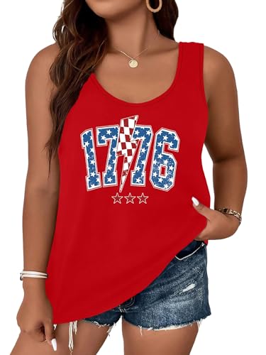 Image of Ithalt Plus Size 4th of July Tops for Women American Flag Tank Tops USA Patriotic Shirts Red White and Blue Sleeveless