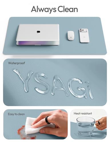 Image of YSAGi Leather Desk Protector, Office Mat, Large Mouse Mat, Non-Slip PU Leather Blotter, Laptop Desk Pad, Waterproof Writing Pad for Office and Home (Ice Blue, 23.6 inch x 13.8 inch)