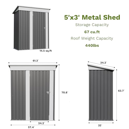 Image of Patiowell 5x3 FT Outdoor Storage Shed, Garden Tool Shed with Sloping Roof and Lockable Door, Metal Shed for Backyard Garden Patio Lawn, Gray