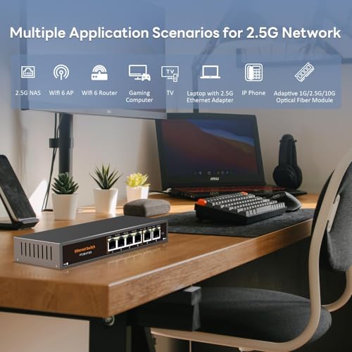 Image of 10G Unmanaged Ethernet Switch with 2 x 10G RJ-45 Uplink Port and 4 x 2.5G Base-T Ports Compatible with 100 /1000 /2500Mbps, One-Key WLAN, Fanlesss Plug & Play, Metal 2.5Gb Network Switch