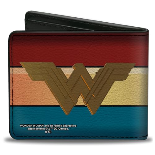 Buckle-Down Men's PU Bifold Wallet-Wonder Woman 2017 Icon/Stripe Red/Golds/Blue, Multicolor, 4.0" x 3.5"2