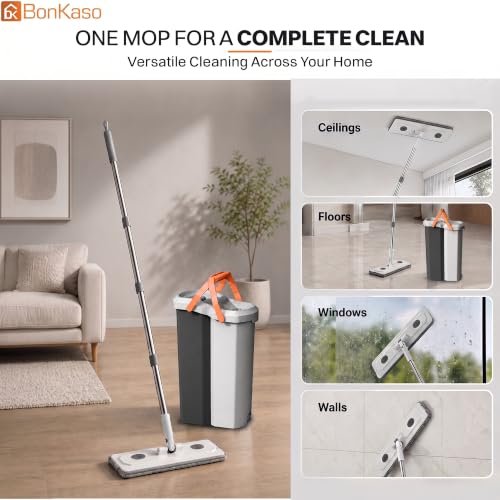 Image of BonKaso Twin Bucket Flat Mop Set, Hands-Free Microfiber Floor Cleaning Mop & Pocha with 100% Water Separation, Self-Cleaning Scraper, Reusable Pads for Floor, Wall & Window (Carbon Grey & Light Grey)