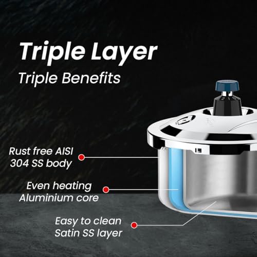 Image of Ultra Triply Krono Pressure Cooker 3.5 Litre | Whistle Counter | Spillage Control | AISI 304 Food Grade Stainless Steel Cooker | 5 Years Warranty | Cooks Fast & Saves Gas | SCTS Technology