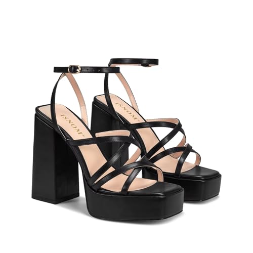 ISNOM Platform Chunky Heels for Women, Block Heel Sandals with Open Square Toe and Ankle Strap2