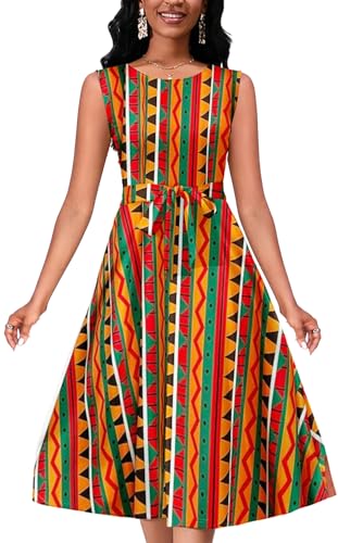 PerZeal Women's 2025 Maxi Dress Summer Casual Sleeveless Crew Neck Wrap Floor Length Plus Size Midi Dresses with Belt Multicolour X-Large