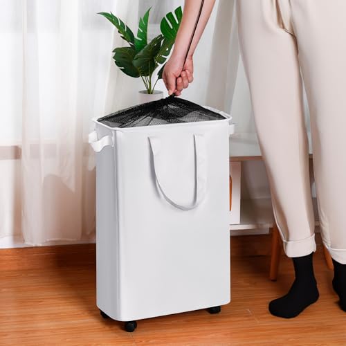 efluky Slim Laundry Hamper with Wheels, Rolling Laundry Basket for Clothes, Small Laundry Basket for Bedroom, Dorm and Laundry Room, 60L (12.7 Gallons) White