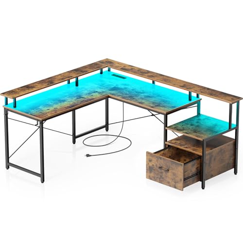 Rolanstar - Rolanstar Computer Desk with File Drawer, 64" L Shaped Desk with Power Outlet & LED Strip, L Shaped Corner Desk with File Cabinet, Home Office Desk with Monitor Shelf, Rustic Brown - -27%
