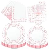JarThenaAMCS 175Pcs Pink Bow Party Supplies Kit Scalloped Bowknot Tableware Set Disposable Dinnerware Paper Napkin Plate Cup Spoon Fork Knife for 25 Guests Party Favor