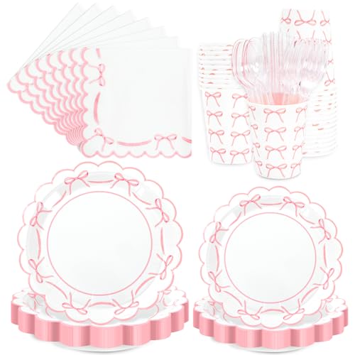 JarThenaAMCS 175Pcs Pink Bow Party Supplies Kit Scalloped Bowknot Tableware Set Disposable Dinnerware Paper Napkin Plate Cup Spoon Fork Knife for 25 Guests Party Favor