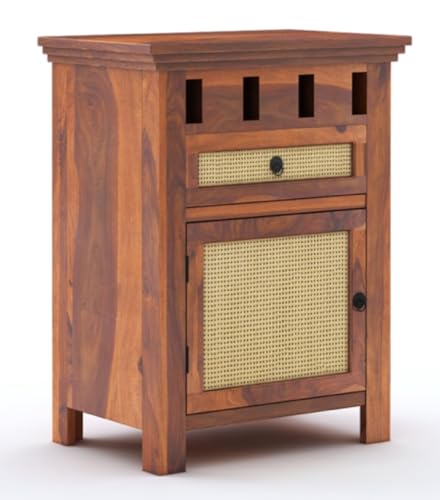 Image of Sheesham Wood Bedside Table for Bedroom Living Room Home Office with 1 Drawer and Cabinet Storage Solid Wood Table Furniture | End Table | Nightstand | Sofa Side Table (Honey Finish)