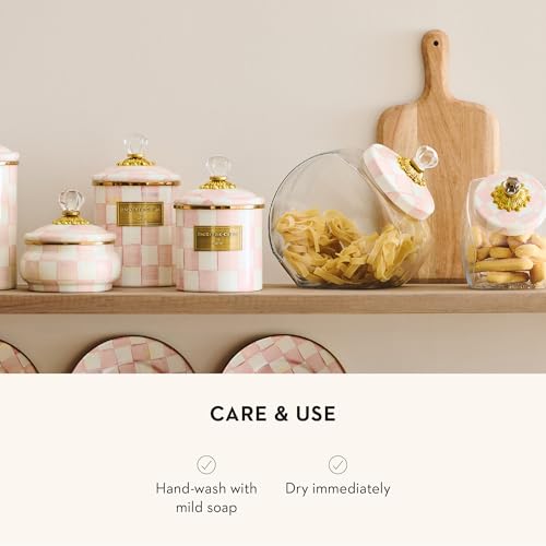 MACKENZIE-CHILDS Cookie Jar with Enamel Lid, Large Glass Treat Jar or Kitchen Jar, 1-Gallon Capacity, Pink-and-White Rosy Check