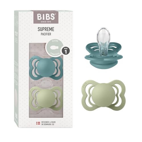 Image of BIBS Pacifiers - Supreme Collection | Symmetrical Nipple | Silicone | Made in Denmark | Set of 2 Island Sea/Sage Color Premium Soothers | Size 0-6 Months