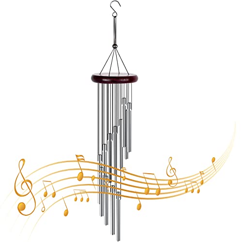 smatime Windspiele für Draußen Klangspiele Windspiele Aluminium, Windspiele mit 12 Aluminiumrohre Rohre Memorial Chimes Metall mit Holz für Garten Freien Hinterhof Home Decor Geschenk, Silber